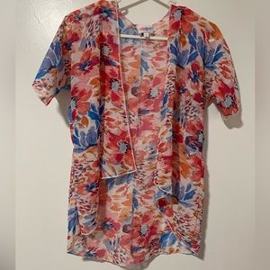 LuLaRoe Watercolor Floral Pink Red Blue Orange Sheer Overpiece Sz 2